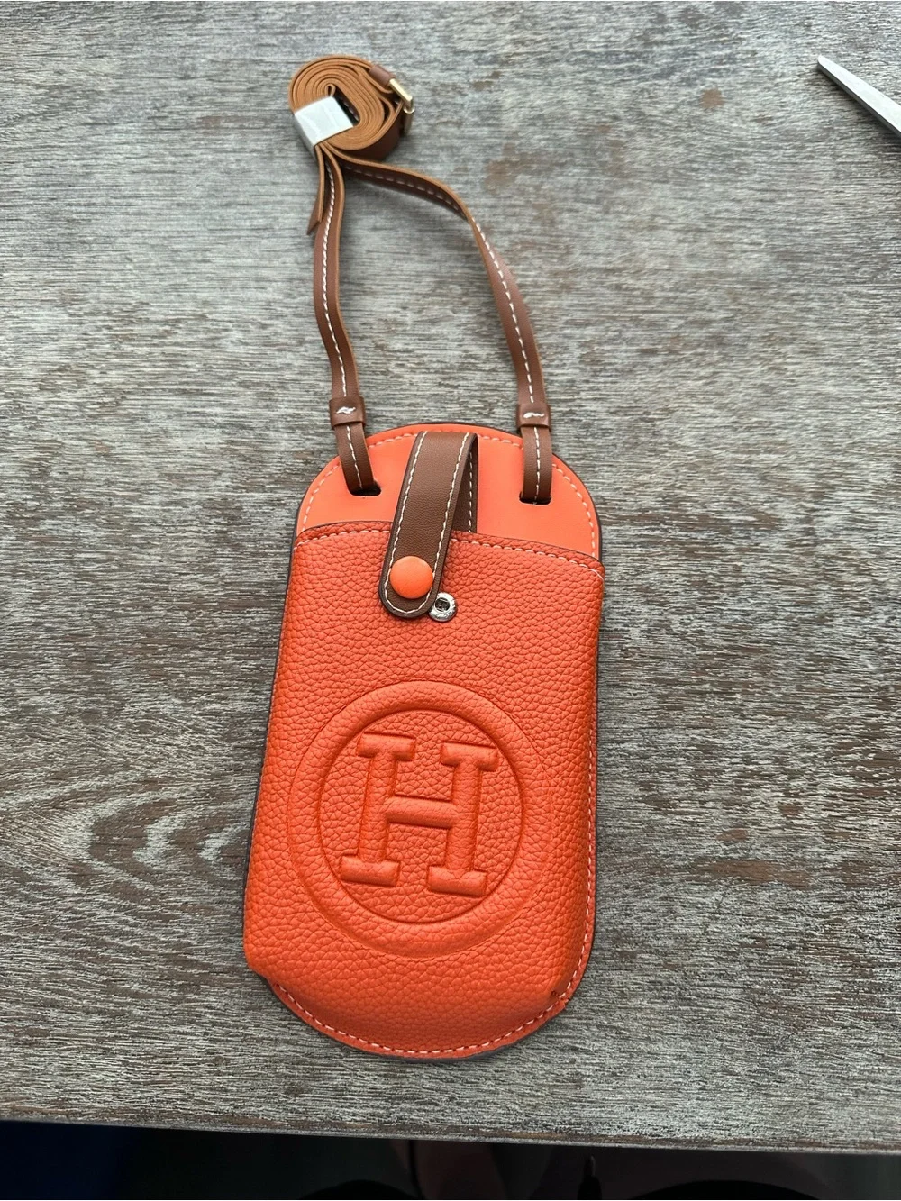 Pebbled Leather Phone Crossbody in Orange